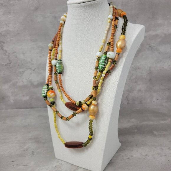 Vintage Layered Bead Necklace Wood Glass Ceramic Multi Strand Boho 19 Inch Jewel - Picture 7 of 14